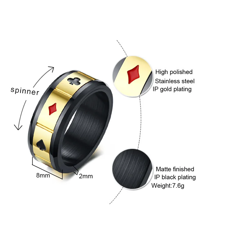 Мужской черный покер азартные игры Spinner кольцо из нержавеющей стали два тона обручальное кольцо Lucky Pokerstars мужские ювелирные изделия