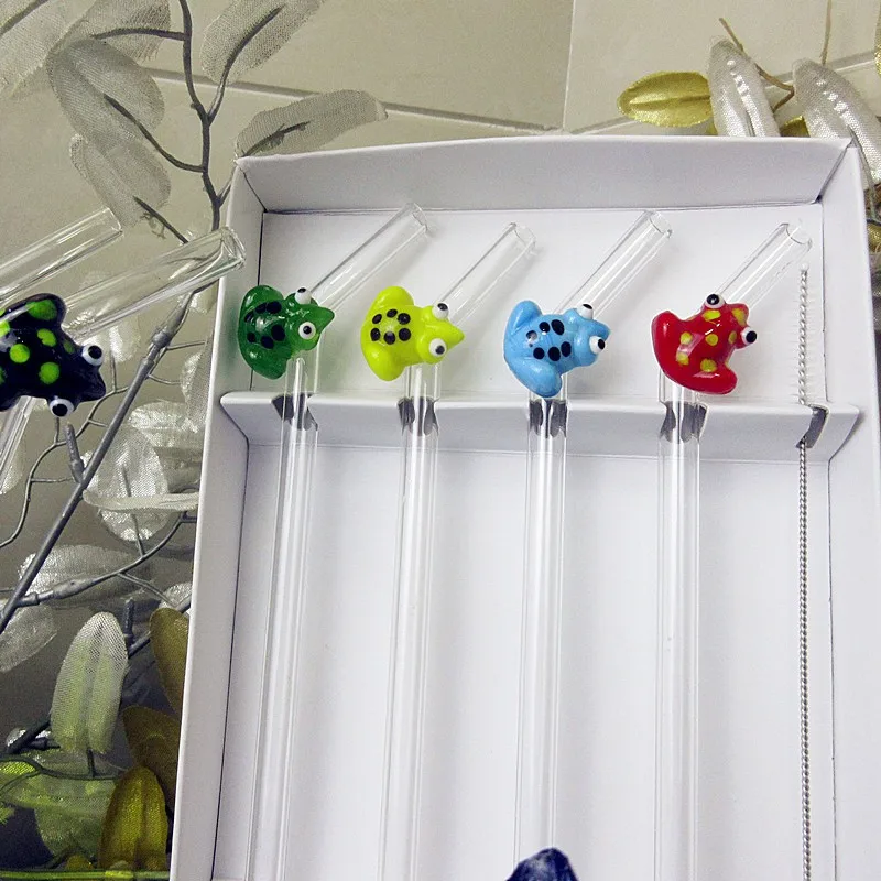 

4pcs straws 1pc cleaning brush high boron silicon glass straws creative glass frog Figurines decorative bar drinking bent straw