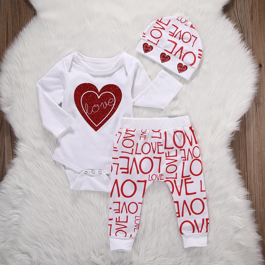 3pcs Cute Autumn Winter Christmas Newborn Baby Girls Love Heart long sleeve Romper+Love Pants hat 3pcs Outfits Set