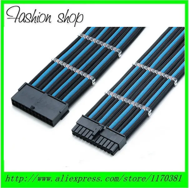 

12" Single Sleeved Black & Light Blue 24 Pin ATX PSU Female to Male PC Power Extension Cable + 2PCS Clear Cable Comb