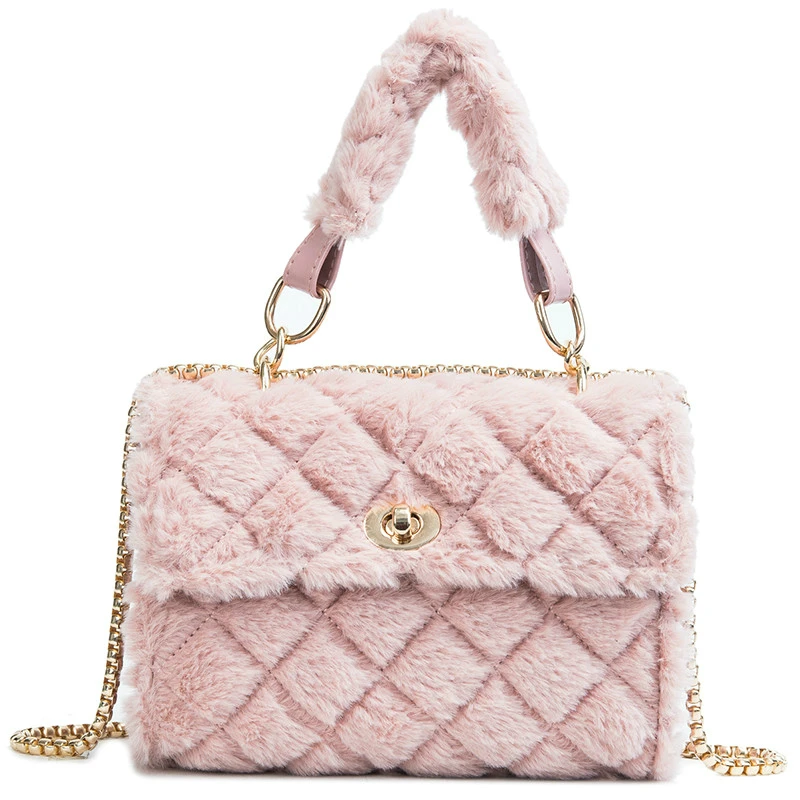 

Korean Fashion Sweet Lady Tote bag 2018 Winter New Quality Soft Plush Women's Designer Handbag Chain Shoulder Messenger bags
