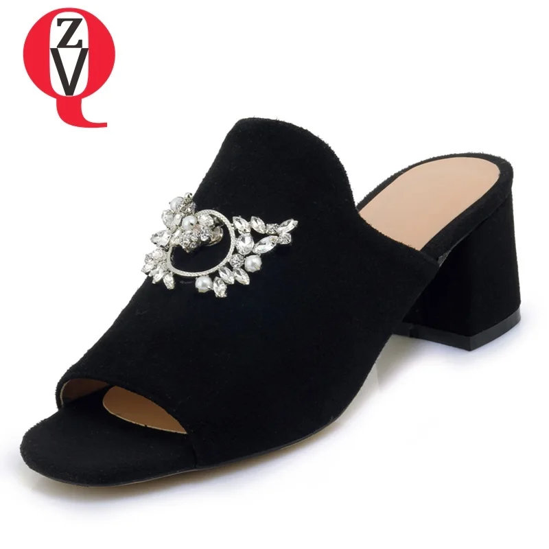 

ZVQ 2019 summer new open toe cow suede women slippers high hoof heels crystal black shoes woman outside concise ladies shoes