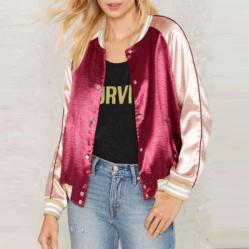 Fashion Women Casual Satin Bomber Jacket Long Sleeve