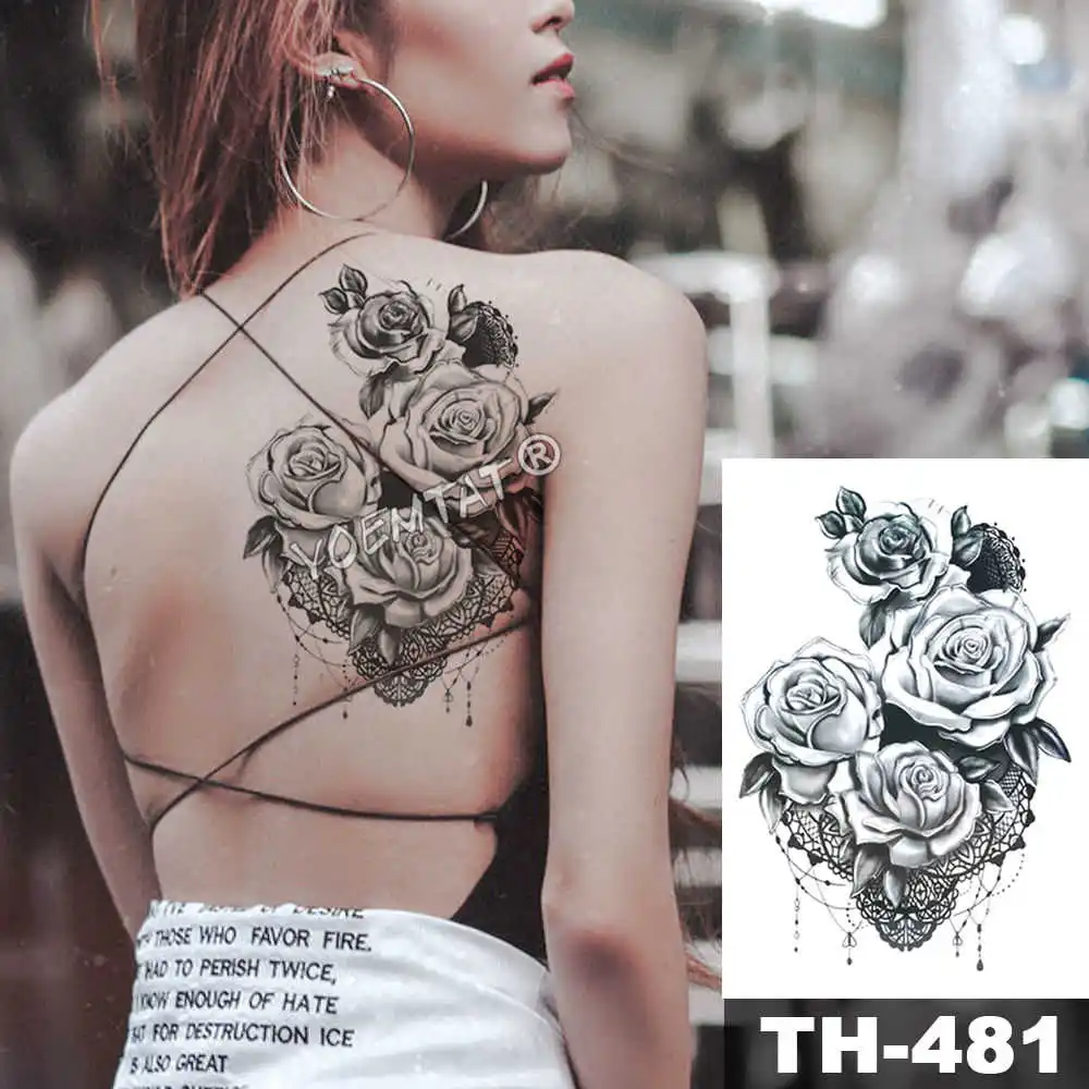 Leaf Rose Peony Lace Flower Waterproof Temporary Tattoo Sticker Black Big Tatto Body Art Shoulder Fake Tatoo For Women - Цвет: 17-TH481