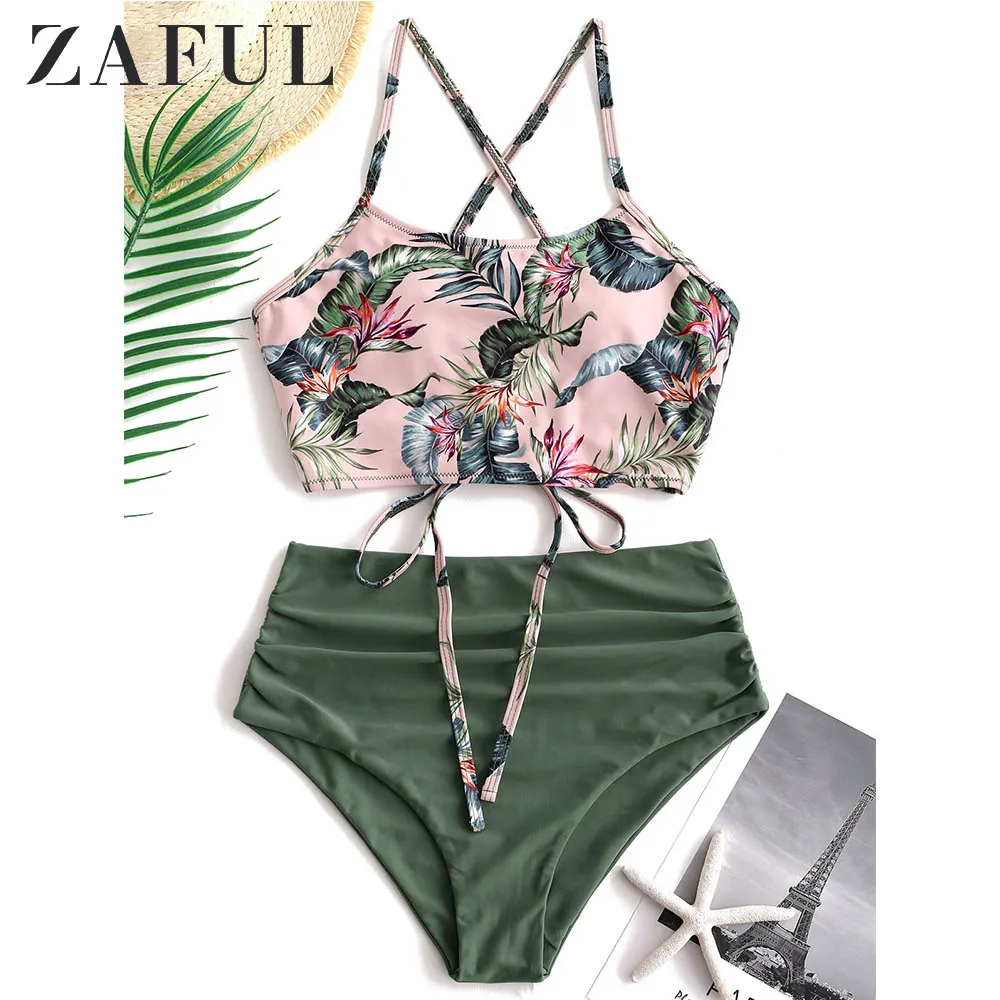 ZAFUL بيكيني 2019 الدانتيل يصل الاستوائية أوراق البطن التحكم Tankini مجموعة ملابس السباحة عالية مخصر لباس سباحة Ruched مبطن ثوب السباحة