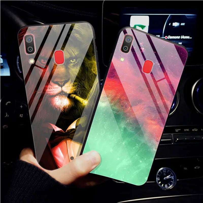

For Coque Samsung A30 Case 6.4" Tempered Glass Back Hard Cover for Samsung Galaxy A30 A 30 2019 A305F Phone Cases Bumper Lion