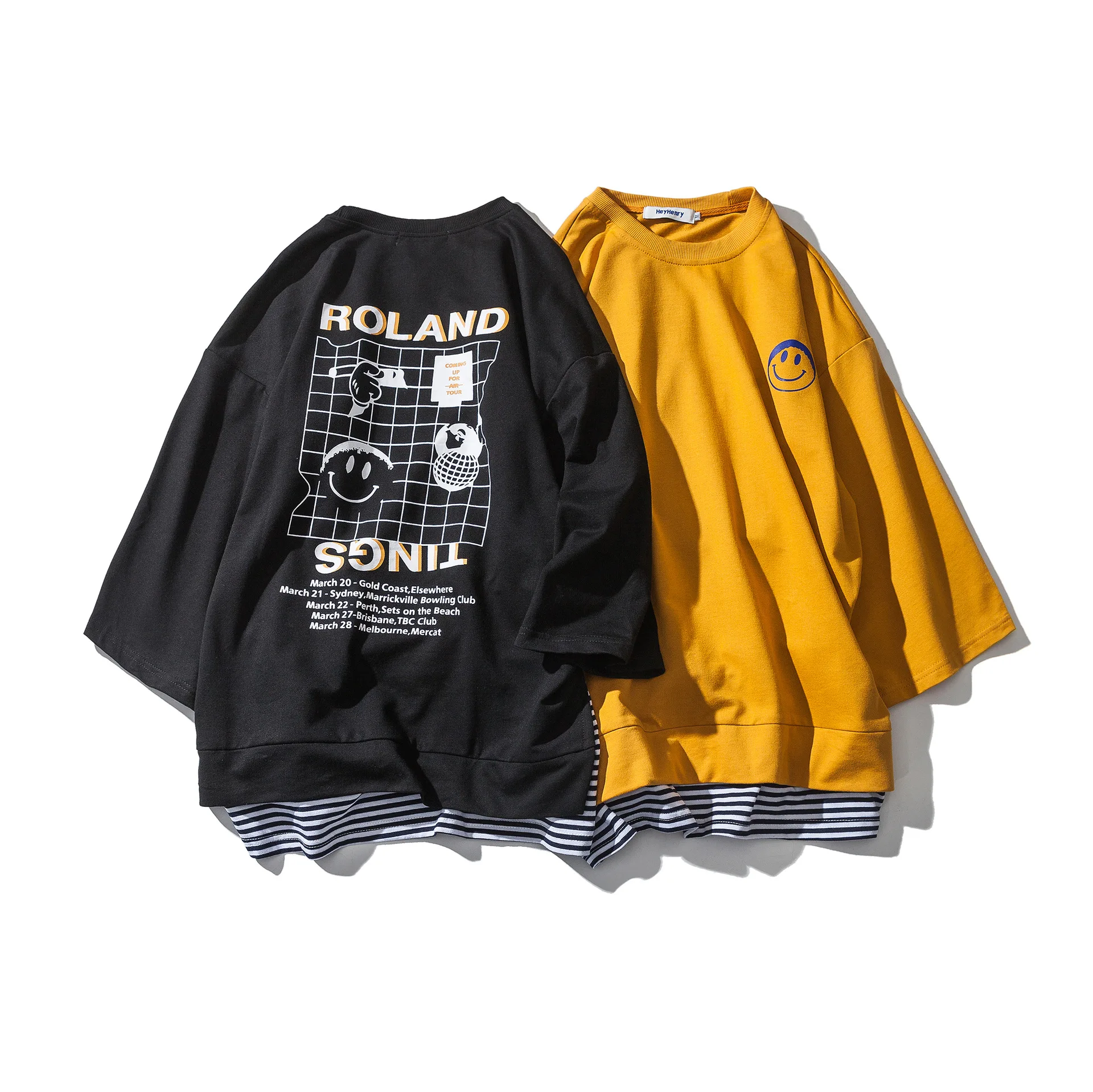 Summer New Smiley Print Spell Stripe Fake Two Pieces Loose Three-quarter Sleeves T-shirt Casual Top