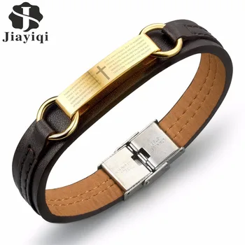

Jiayiqi Fashion Cross Bible Brown Leather Bracelet Men Stainless Steel Bracelets & Bangles Male Vintage Punk Charm Jewelry Pulse