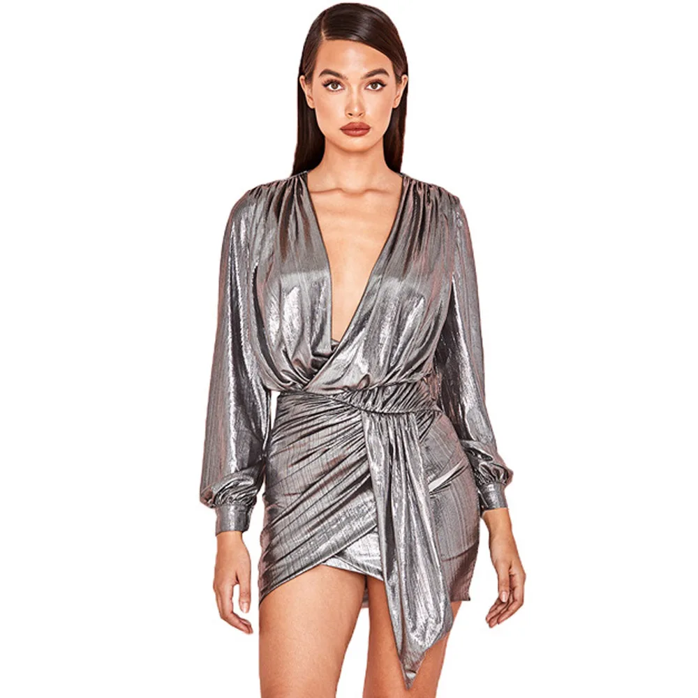 New Metal Color Party Dress Winter Long Sleeve Sexy Deep V Neck Wrap Mini Dress Chic Plus Size XXL Pleated Night Club Dress