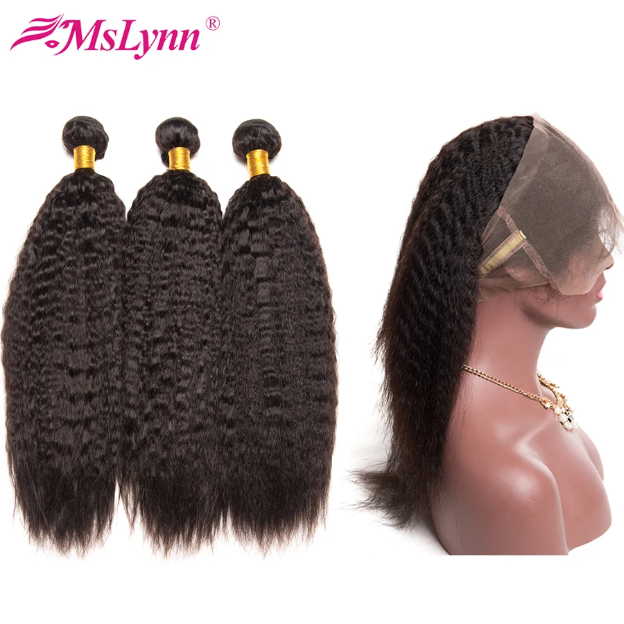 altMslynn 360 Lace Frontal With Bundle Brazilian Kinky Straight Hair 3 Bundles With Closure Human Hair Weave Extension Non Remy