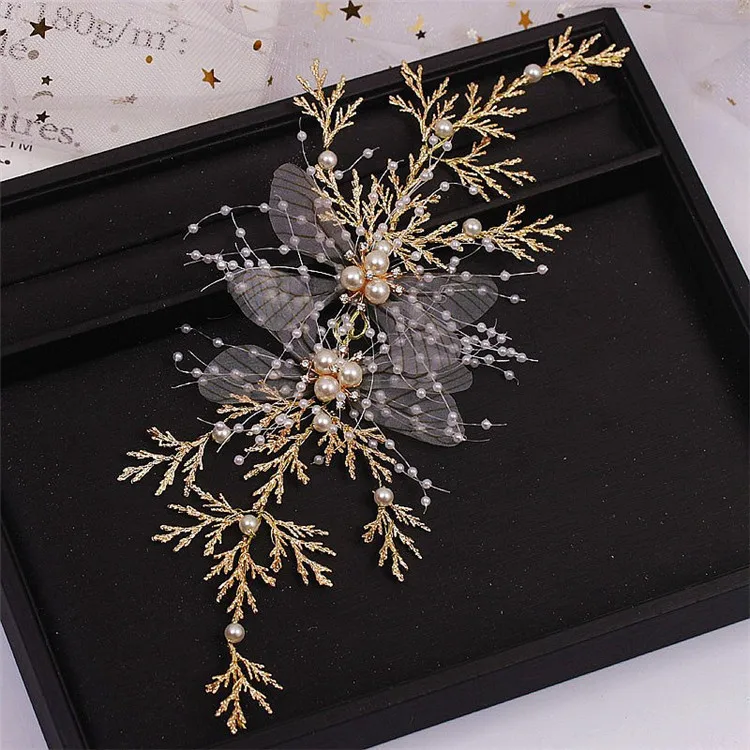 Handmade Gold Crystal Pearl Butterfly Hair Pin Clips Bride Leaf Hair Sticks Rhinestone Veil Tiara C