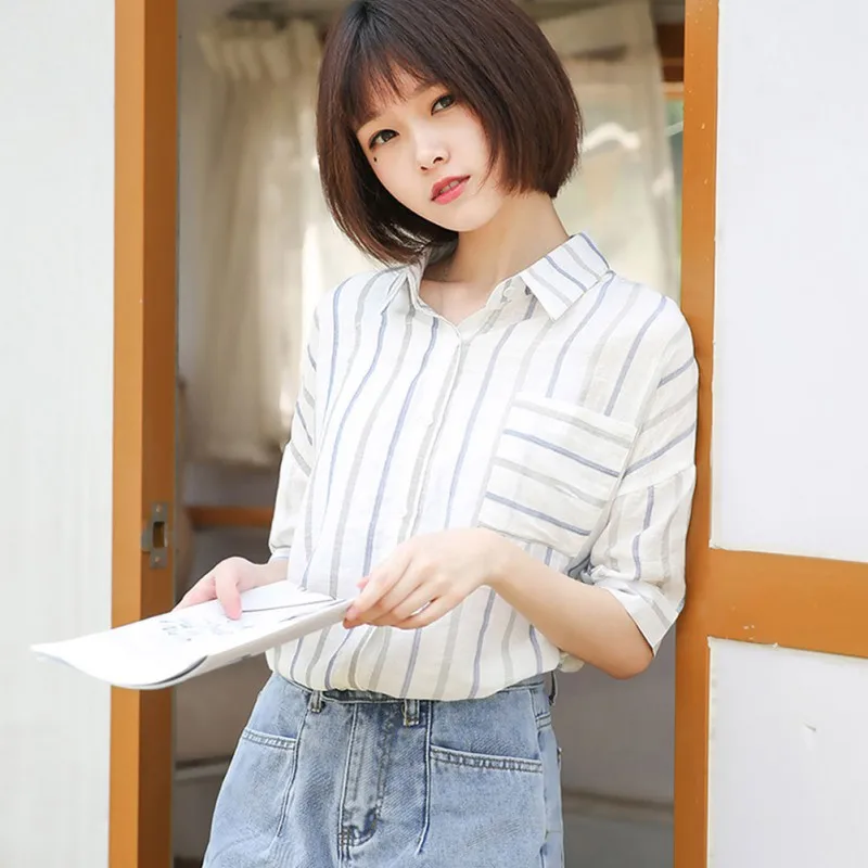 

womens tops and blouses Temperament Summer Striped Print Loose Lapel Sunscreen Vintage Short Sleeve Casual Chiffon Tops