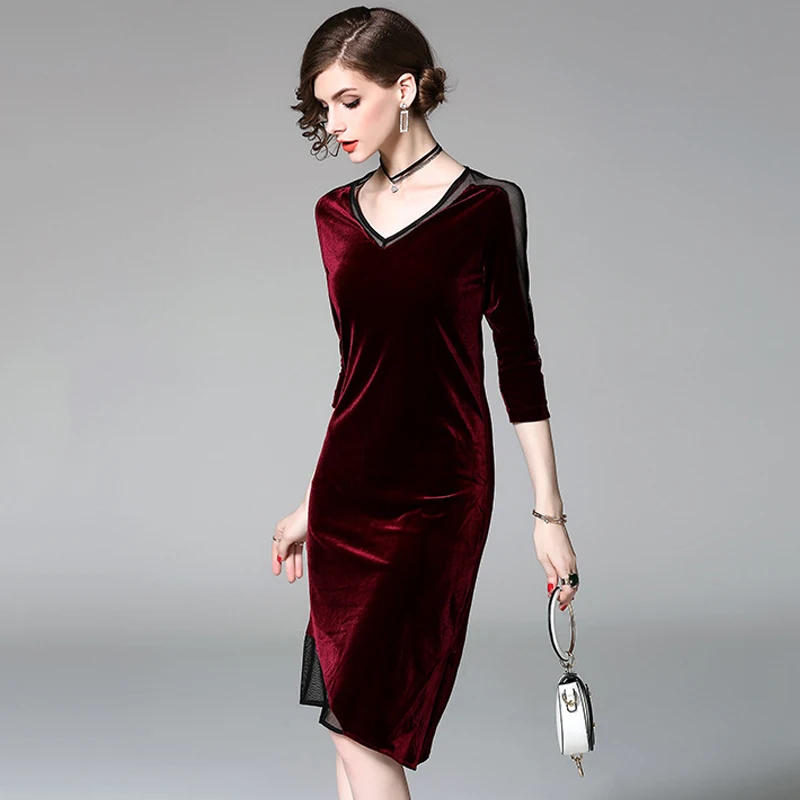 wine red Винтажное элегантное бархатное платье женская одежда весна осень сексуальные вечерние черное миди-платье женские платья Vestidos MY2453 - Цвет: wine red