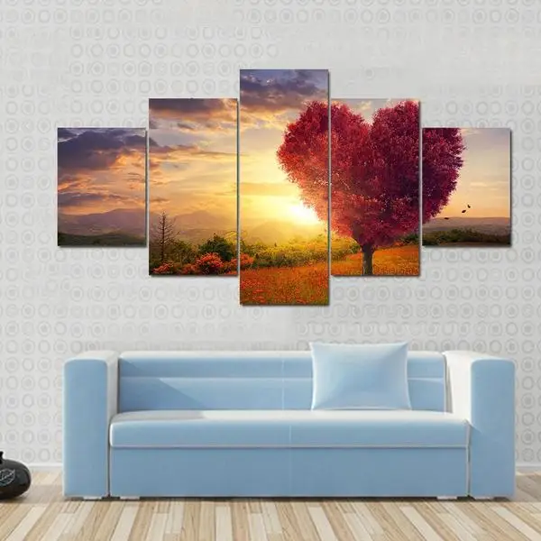 5 Pcs/set Landscape red heart shaped tree at sunset Print On Canvas Painting Modern Wall Art Picture Home Decor | Дом и сад