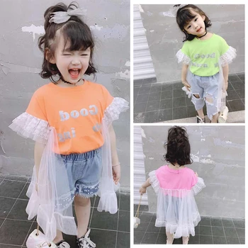 

Summer girls t shirt baby tee kids tops children streetwear clothes mesh tail floral sleeve letter print 3 to 9 yrs