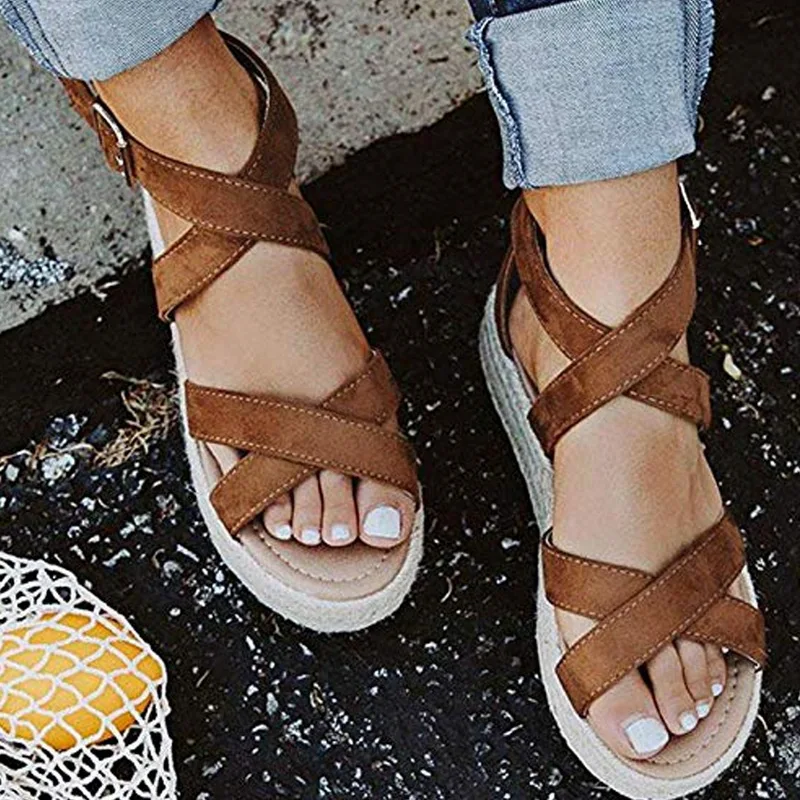 

LOOZYKIT Summer Buckle Women's Sandals Velvet Flock Fish Mouth Wedges Shoes Fashion high Heel Platform Open Toes Women Shoes