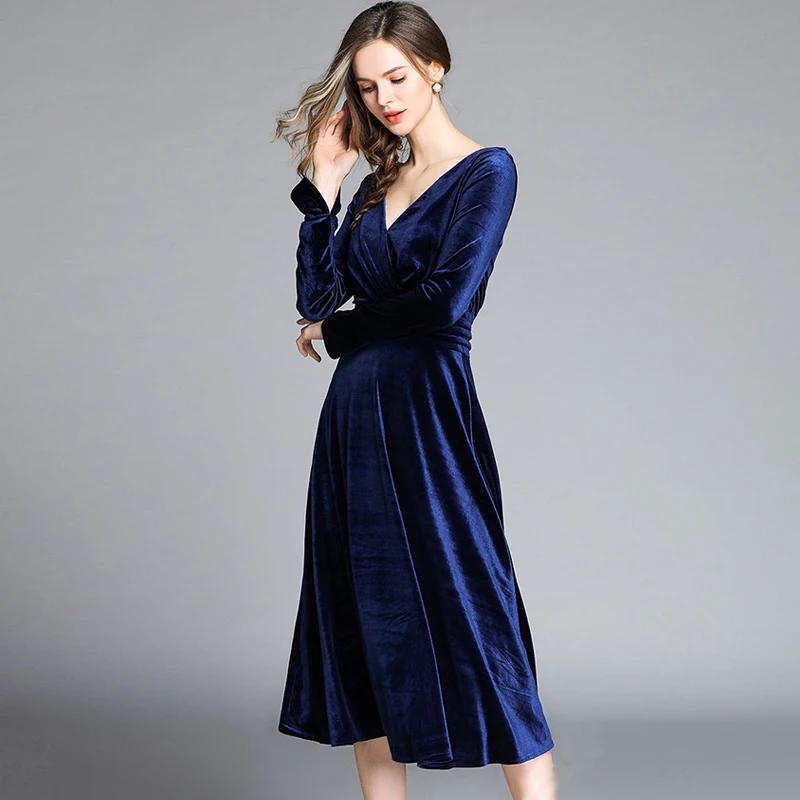 2019 осень зима Vestidos вельветовое платье для женщин с длинным рукавом в винтажном