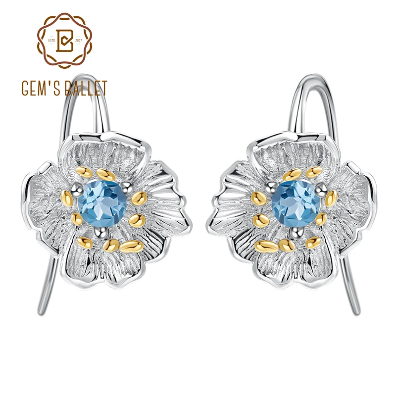 

GEM'S BALLET Natural Swiss Blue Topaz Earrings 925 Sterling Silver Blooming Poppies Flower Handmade Dangle Earrings for Women