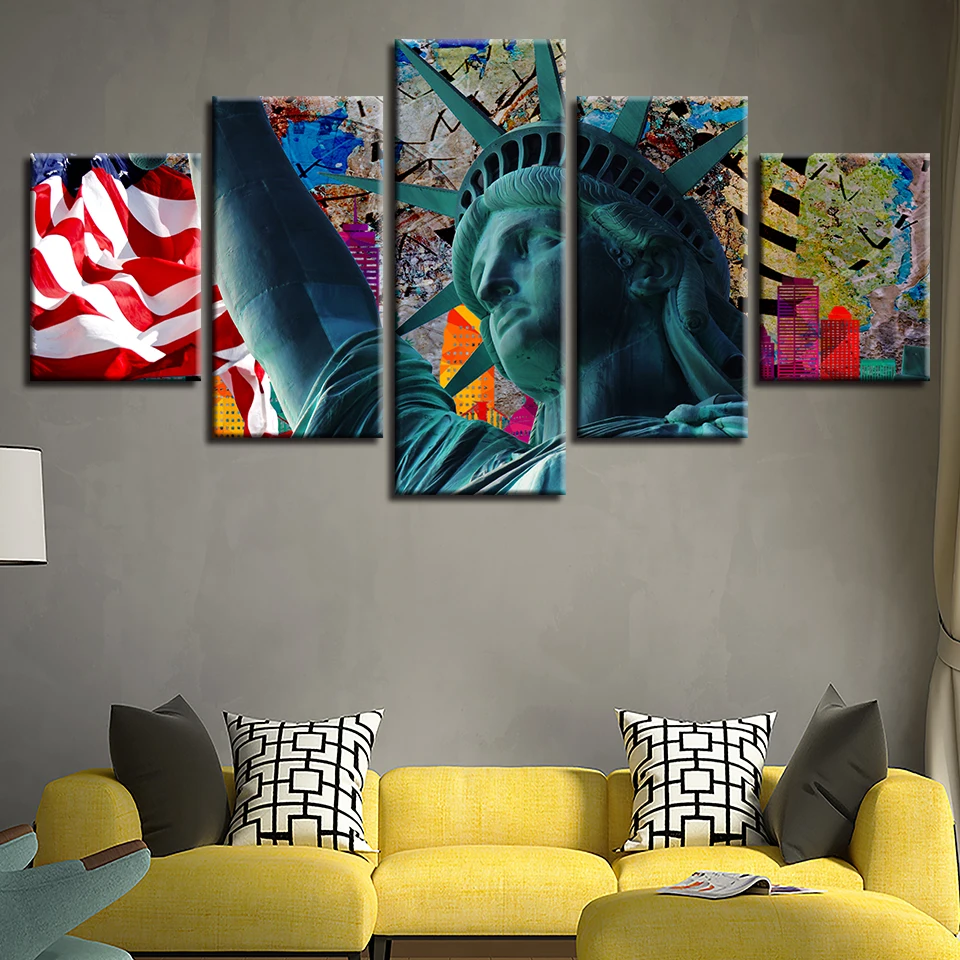 

Poster Modular Canvas Pictures 5 Pieces Statue Of Liberty And American Flag Paintings Framed Printing Decor Living Room Wall Art