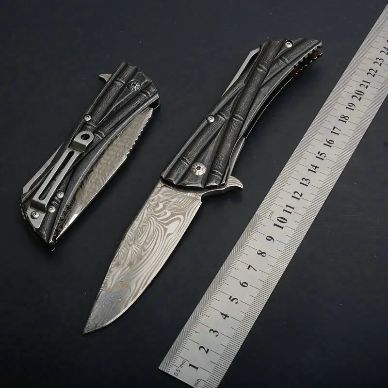microtech bamboo tactical folding knife damascus pattern blade rescue edc tools (1)
