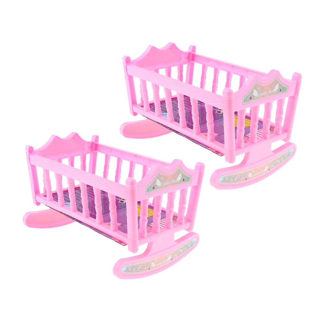 2pcs Cute Plastic Rocking Bed Nursery Room Furniture Accessory for 20cm Baby Dolls Pretend Play Pink
