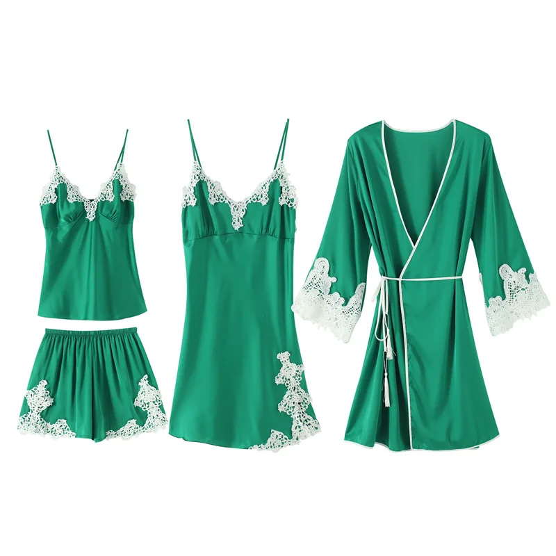 

Green Sexy Lace Trim Sleepwear 4PCS Home Wear Satin Pajamas Suit Cami&Robe&pant Sleep Set Kimono Bathrobe Gown Wedding Nightgown