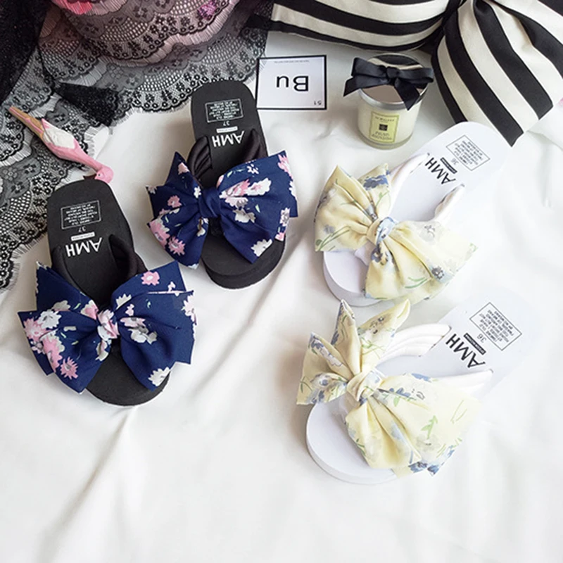 

chiffon bow wedges flip flops women summer print butterfly-knot platform shoes ladies cozy beach slides thick high heel slippers
