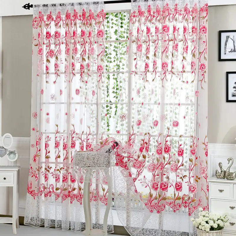 Flower Print Window Curtain Divider Tulle Voile Drape Panel Sheer Scarf Valances