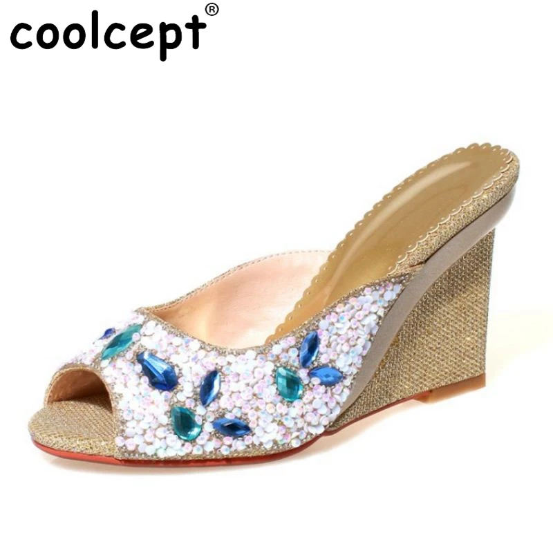 

Coolcept Bohemia Women's Wedges Sandals Beading Flower Shine Wedges Slippers Peep Toe Summer Vaaction Women Shoes Size 33-40