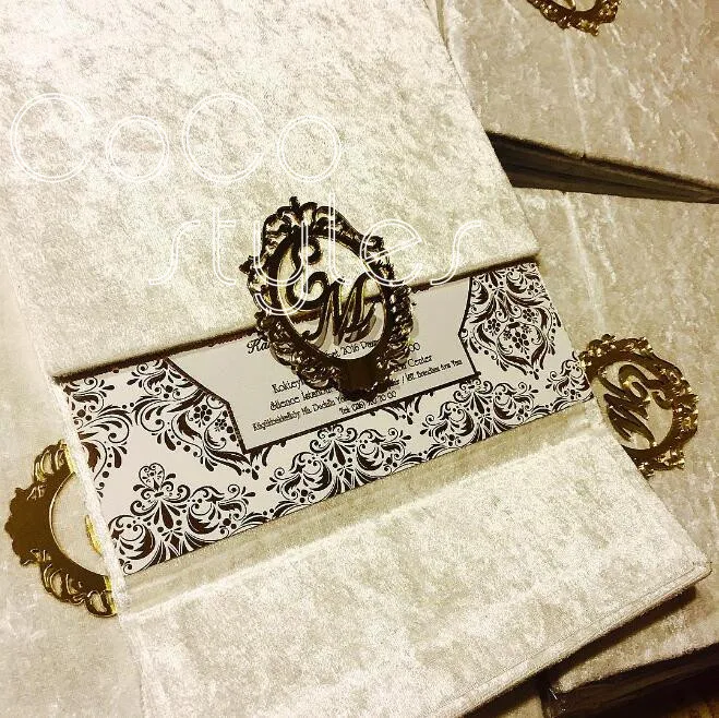  Cocostyles velvet hard cover wedding invitation card with acrylic decoration and outer mailing box  - 32864577993