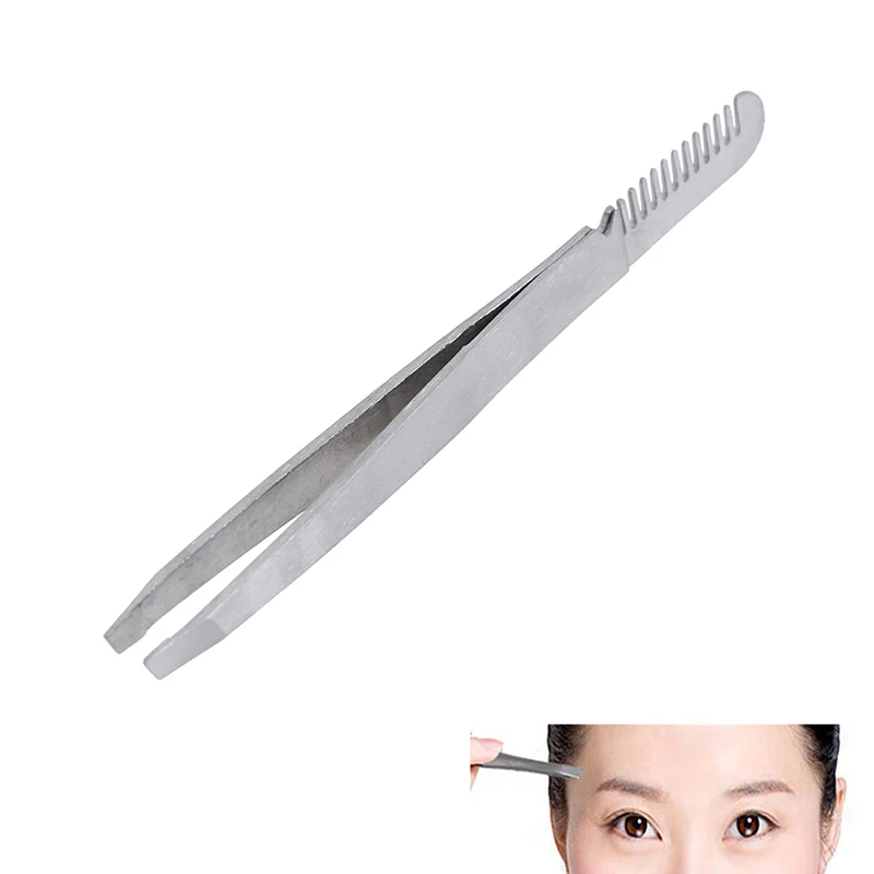 1pc 2 In 1 Eyebrow Tweezer With Eyebrow Brush Comb Stainless Steel Eyelashes Extension Tweezers Double Eyelids Pinzette Clip New