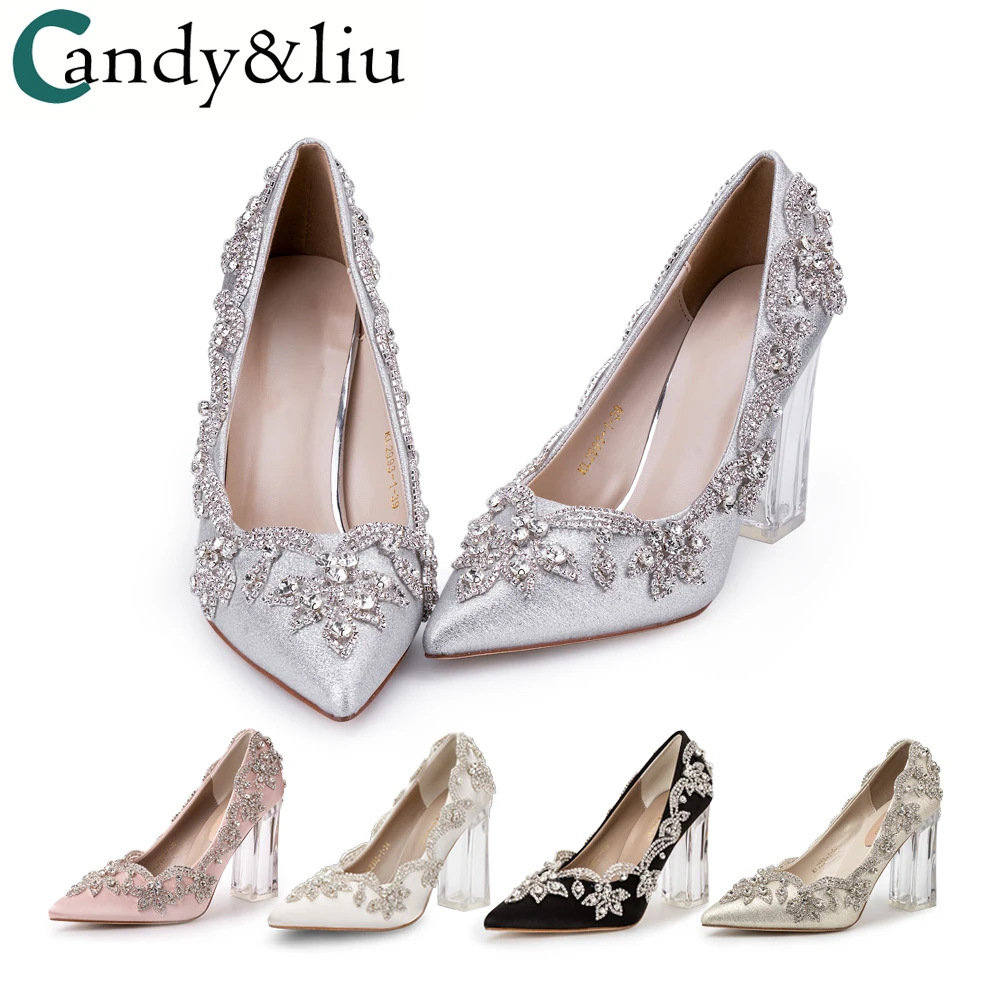 

Women Crystal Applique Beaded Clear High Heel Wedding/Dress Pump Shoes Pointed Toe Transparent Square Chunky Heel Party Shoes