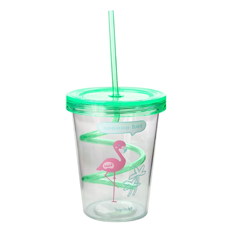 450ml Flamingo Cartoon Cute Plastic Straw Bottle Summer Outdoor Sport Cool Ice Water Bottle Women Office School Drink Bottles - Цвет: C