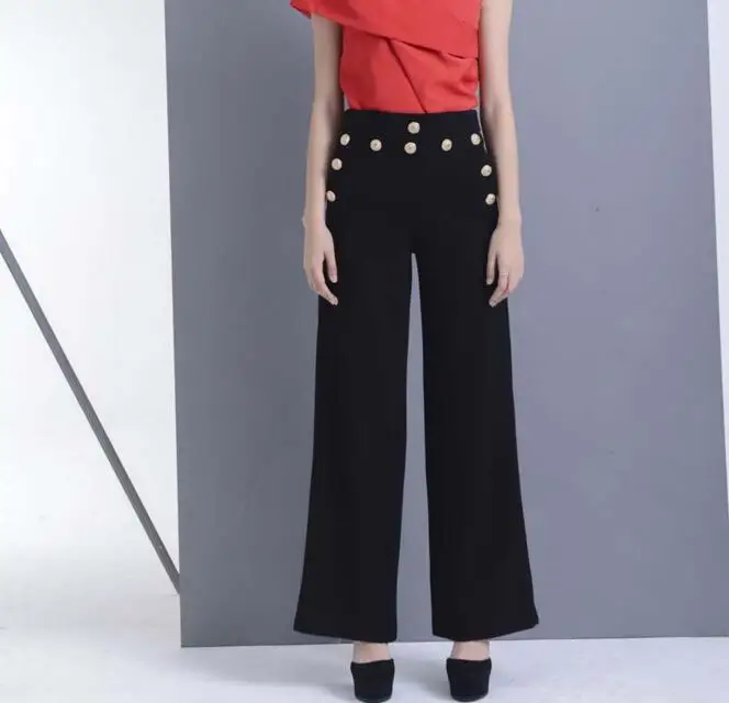 Black Trabajo Ocasional Flojo Largo white 2018 Alta Femenino Botones Oficina Elegante Pantalones Recta Metal Cintura Anchos Mujeres Zxx8T4q7