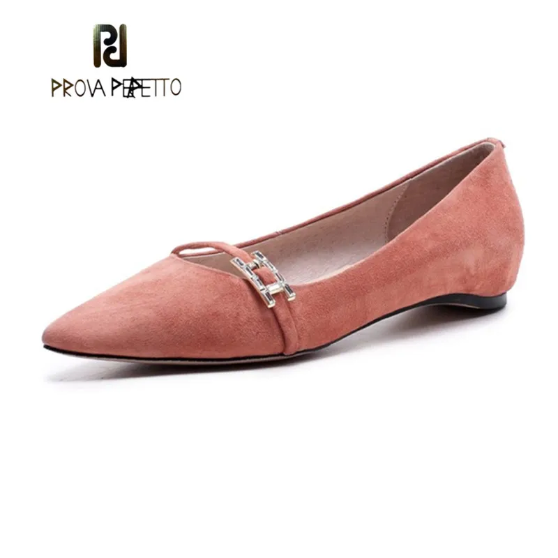

Prova Perfetto Woman Casual All Real Leather Shoes Fashion Point Toe Slip-on Lady Shoes Crystal Buckle Low Heel Young Girl Shoes
