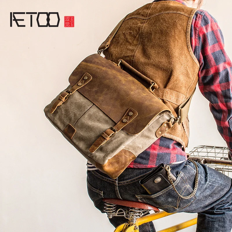 

BJYL Retro men handbag Postman packets shoulder crossbody bag man canvas bag stitching mad horse Skin briefcase