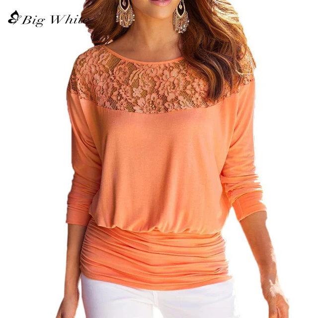 Women Lace Stitching Chiffon Blouses Loose Type Slash Neck Shirts Solid