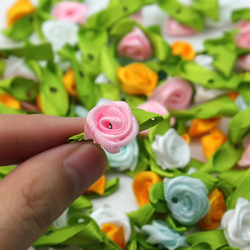 

100x 13mm Small Mini Satin Ribbon Flowers Rose Wedding Party Decor Sewing Appliques DIY Handmade Craft Hair Garment Accessories