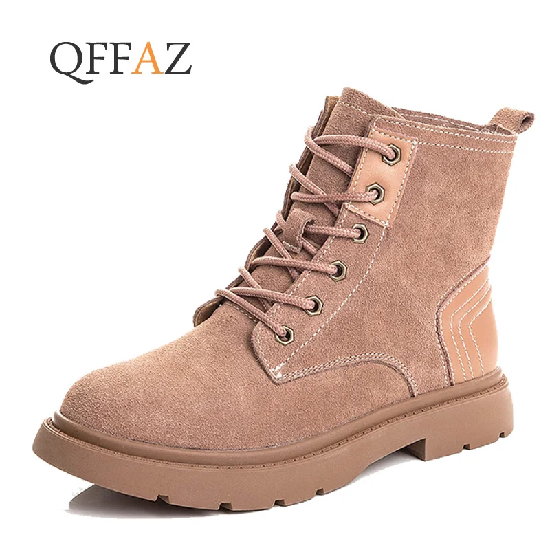 

QFFAZ New Leather Women Martin Boots Winter Warm Plush Shoes Feminina Female Motorcycle Ankle Boots Fashion Women Botas