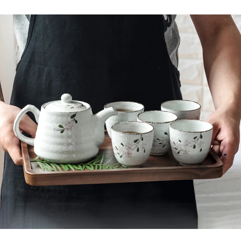 Набор японских керамических чайников Сакура чайная чашка для воды вишневый цвет фарфоровый чайник чайный набор(5 чашек+ 1 чайник