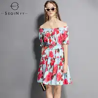 SEQINYY Printed Dress 2018 European New Flowers Rose Printed Elastic Slash Neck Short Sleeve Light Blue Mini Dress