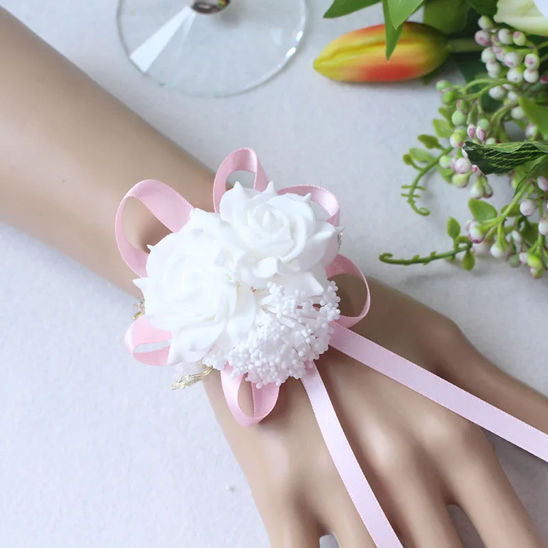 White Pink Red Wedding Rose Wrist Flowers Hand Corsage Boutonniere Pins (41)