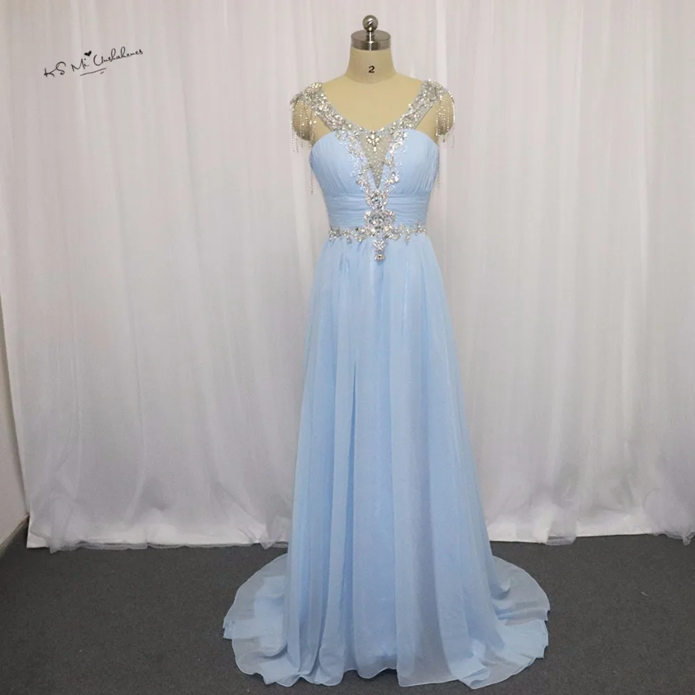 Real Photo Mint Green Long Elegant Prom Dresses Rhinestones Chiffon
