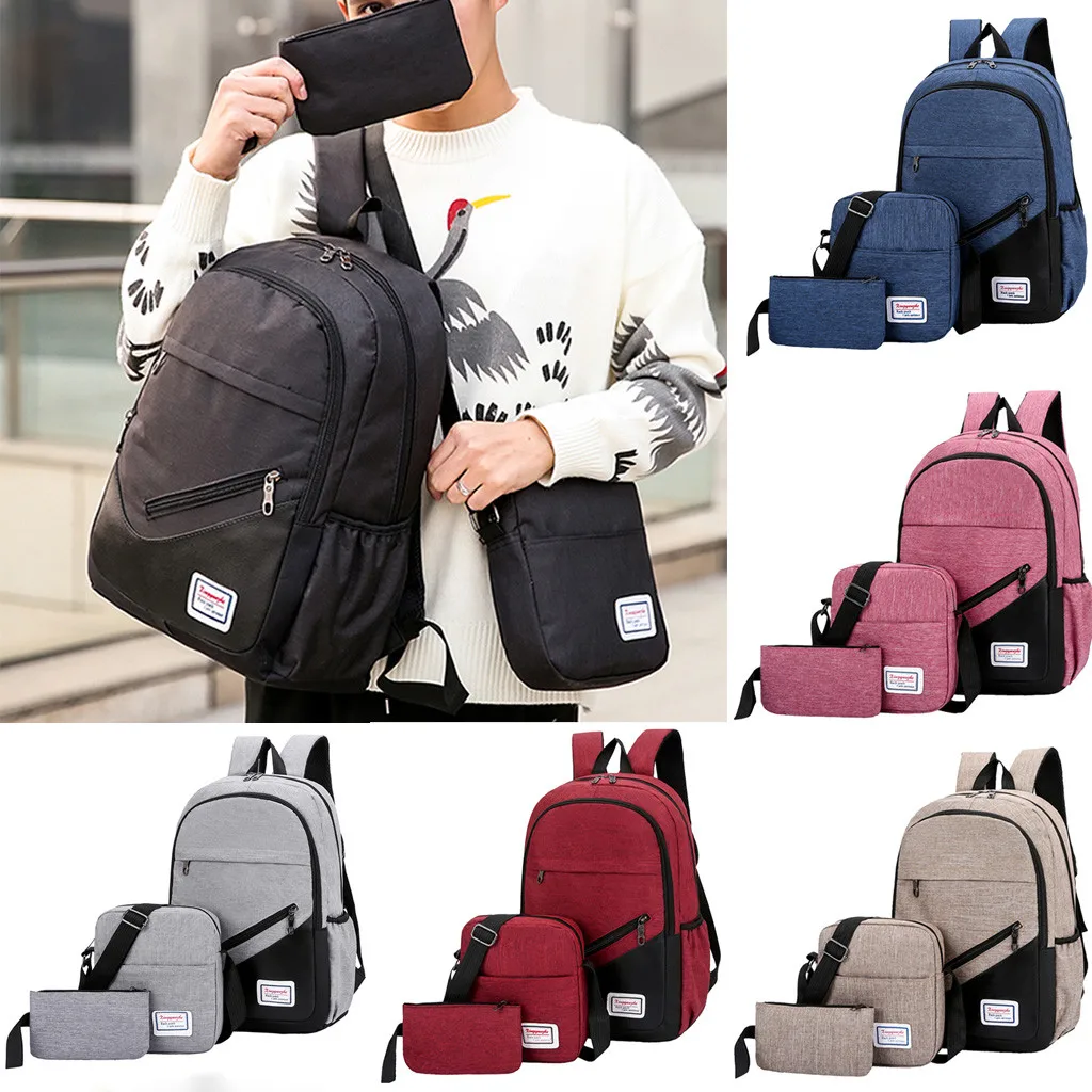 

mochila masculina militar school bags for boys 2019 Fashion Outdoor Three-Piece Canvas Solid Color Backpack Travel Bag #4gh