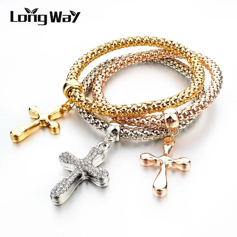 LongWay новые золотые браслеты с крестообразной подвеской браслеты 3 шт. Многослойные хрустальные браслеты для женщин винтажные ювелирные изделия Sbr150380