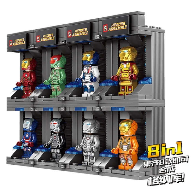 

8Pcs/Lot Legoed Iron Man with Mech Base Hall of Armor Assemble Action Figures Building Blocks Toys for Children SY1169
