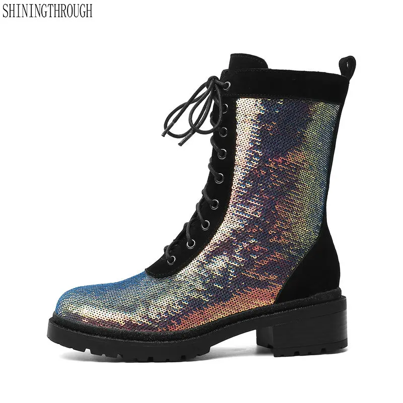 

Punk Genuine Leather Boots Women glitter Square Heels Autumn Winter Ankle Boots Sexy Shoes Woman Motorcycle Snow Boots
