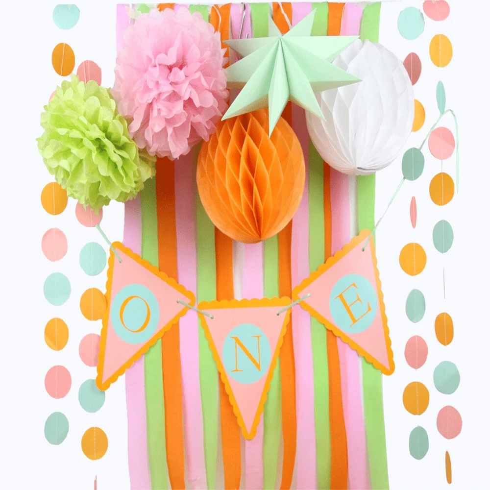 

Sunbeauty 9pcs/set One Year Old Birthday Party Decoration For Baby Boy Girl Birthday Supplier Pompom Honeycomb Banner Decoration