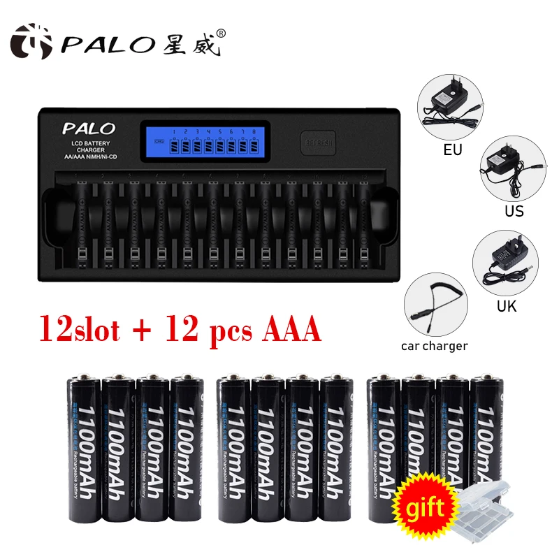 

PALO LCD Light Smart 12 slot quick Charger For NI-MH NI-CD AA AAA Rechargeable Batteries + 12pcs AAA 1100mAh chargeable Battery