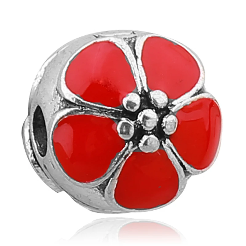 Free Shipping Silver Red Enamel Cherry Blooms Clip Charms Flower Safety